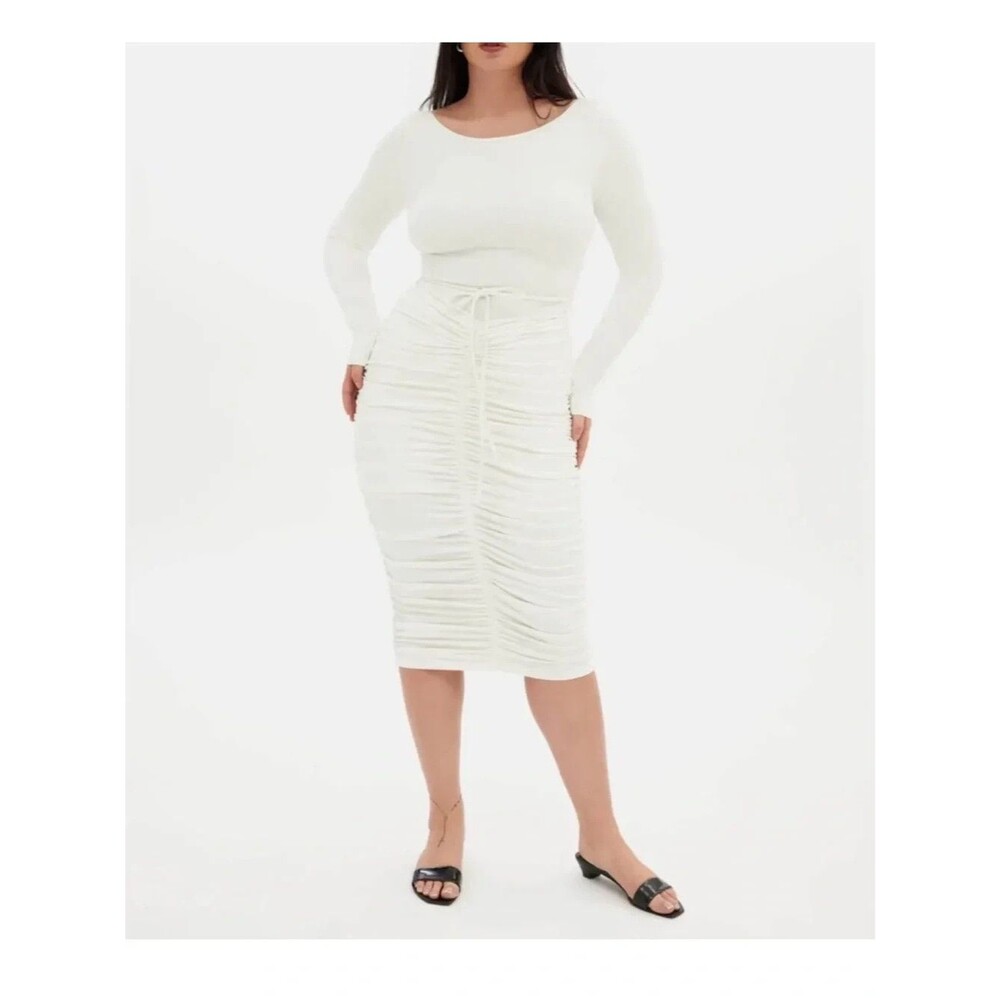 Girlfriend Collective Cream Andi Ruched Midi Dress Size Small NWT